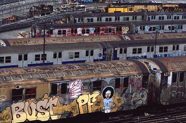 subway trains with graffiti